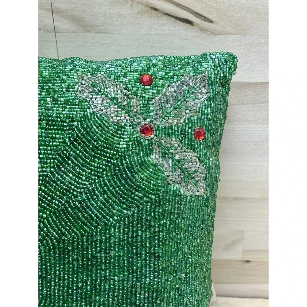 Cynthia Rowley Green Beaded Holly Leaves Christmas Throw Pillow 12